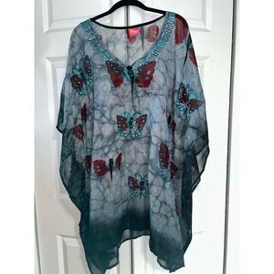 Nisha's Collection Women's Butterfly Print Kaftan Poncho Top Multicolor
